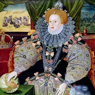 The Armada Portrait (George Gower, ca 1588): Elisabeth I. (7. September 1533 – 24. März 1603) war vom 17. November 1558 bis zu ihrem Tod Königin von England und Königin von Irland.