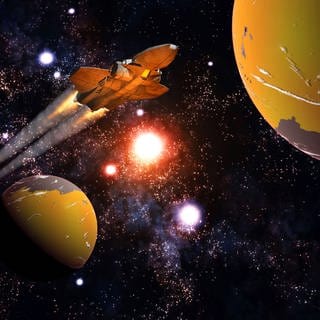 Raumschiff fliegt zwischen Exoplaneten