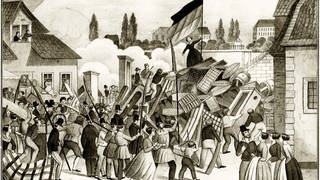 Revolution 184849 in Baden: Errichtung und Vertheidigung einer Barrikade an der Rheinbrücke zu Mannheim am 26. April 1848. Kreidelithographie  Neuruppiner Bilderbogen