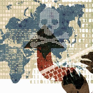Cyberwar: grafische Darstellung einer Weltkarte und von Computertastaturen, von denen Angriffe ausgehen