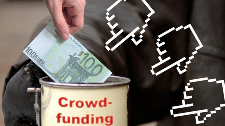 Montage: Hand legt 100 Euro-Schein in Sammelbüchse mit Aufschrift 