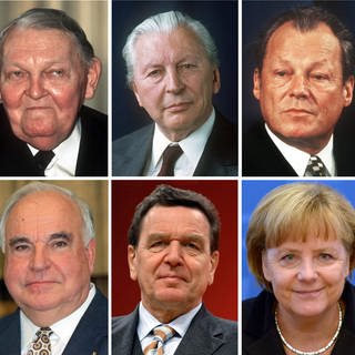 Sieben Männer haben seit 1949 im Amt des Bundeskanzlers die Geschicke der Bundesrepublik bestimmt, bevor mit Angela Merkel die erste Frau das Amt übernahm: Konrad Adenauer (CDU), 1949-1963, Ludwig Erhard (CDU), 1963-1966, Kurt Georg Kiesinger (CDU), 1966-1969 und Willy Brandt (SPD), 1969-1974 (Foto von 1973). Untere Reiehe: Helmut Schmidt (SPD), 1974-1982, Helmut Kohl (CDU), 1982-1998, Gerhard Schröder (SPD), 1998-2005 und Angela Merkel (CDU), 2005 bis 2021