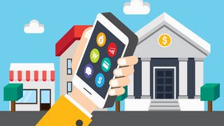 Smartphone mit verschiedenen Banking-Apps, im Hintergrund eine Bank (Grafik): Fintech im Bezug auf Mobile Banking