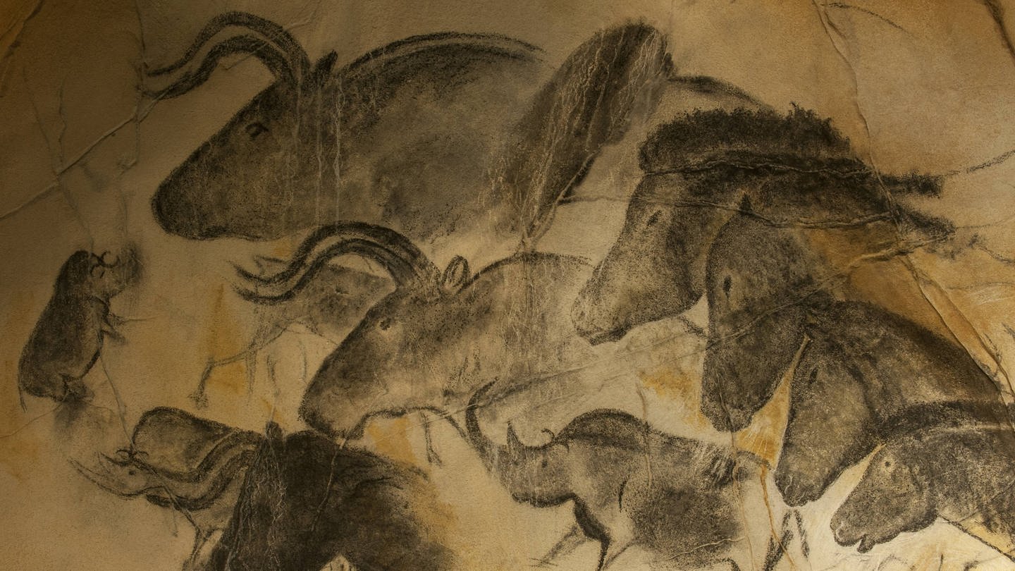 Nachbildung prähistorischer Felsmalereien in der Chauvet-Höhle mit Wollnashorn (Coelodonta antiquitatis), Wildpferden (Equus ferus) und Auerochsenbullen (Bos primigenius), Chauvet-Pont-d-Arc-Höhle, Ardèche, Frankreich.