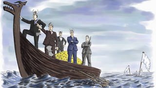 Rücksichtslose Geschäftsmänner mit Geldhaufen auf einem Wikingerschiff