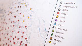 Karte aus dem "Sprachatlas Nord Baden-Württemberg" zeigt die Verbreitung verschiedener Begriffe für Marmelade bzw. Eingemachtes. Der Atlas entstand in zwei Forschungsprojekten der Universität Tübingen.