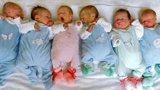 Sechs Säuglinge liegen nebeneinander