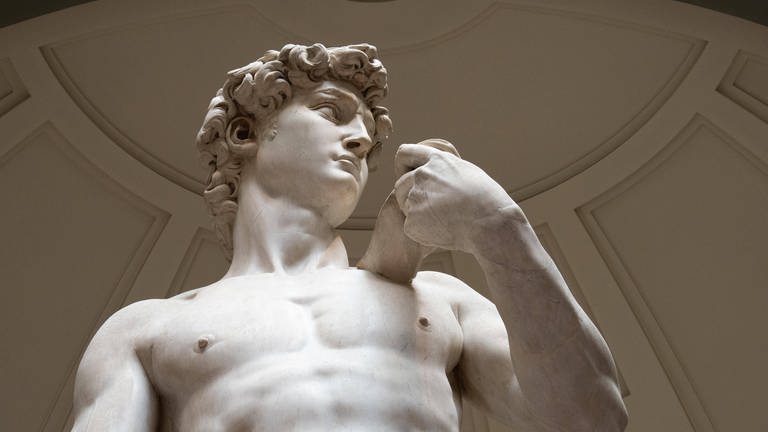 Oberkörper der Skulptur "David" (150104) von Michelangelo Buonarroti im Museum Accademia di Belle Arti in Florenz  Italien ist aus Carrara-Marmor