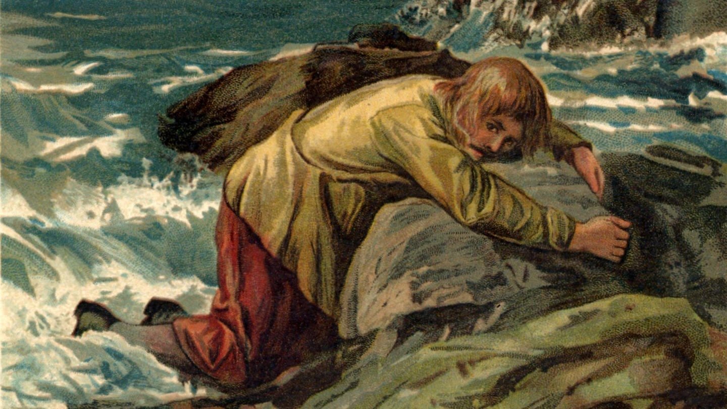 Robinson Crusoe wurde nach dem Schiffbruch von den Wellen auf die Felsen gespült. Chromolithographie aus dem Leben und seltsamen überraschenden Abenteuern von Robinson Crusoe von Daniel Defoe (London, 1891). Das Buch wurde erstmals 1719 veröffentlicht. Illustration von John Dawson Watson (1832-1892).