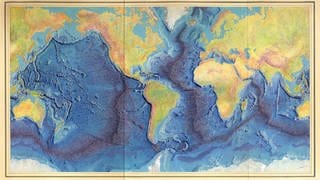 Manuscript painting of Heezen-Tharp "World ocean floor" map by Berann (um 1977): Das Relief wird durch Landformzeichnungen, Schattierungen und Farbverläufe dargestellt. Tiefen werden durch Landformzeichnungen, Schattierungen, Farbverläufe und Sondierungen angezeigt