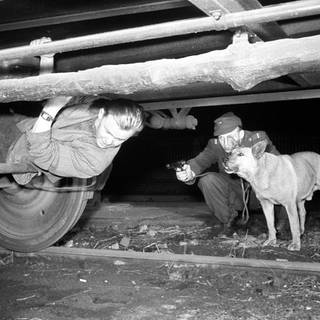DDR - Übung eines Grenzzwischenfalls in Vacha 1965 - Soldat entdeckt einen Flüchtenden unter dem Zug