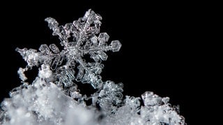 Viele Schneeflocken sehen sich ähnlich. Fast alle besitzen eine sechseckige Grundstruktur. Das liegt am Aufbau der Wassermoleküle.