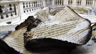 Vom Feuer zerstörte Schriften nach dem Brand in der Herzogin Anna Amalia Bibliothek zu Weimar