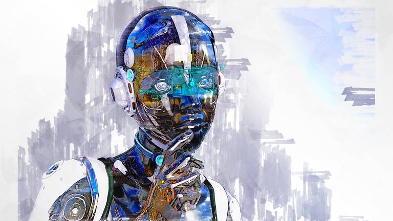 Künstlerische 3D-Illustration eines Cyborgs mit künstlicher Intelligenz: Entweder wird durch KI unsere Welt gerettet oder sie reißt uns komplett in den Abgrund. Diese Technologie hat das Potenzial, die Gesellschaften so stark zu verändern wie damals die Erfindung der Dampfmaschine. 