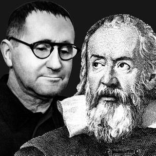 Porträts von Bertolt Brecht und Galileo Galilei: Brechts Theaterstück "Leben des Galilei" erzählt die Geschichte des italienischen Astronomen Galileo Galilei, der im 17. Jahrhundert bewies, dass die Erde nicht der Mittelpunkt des Universums ist.