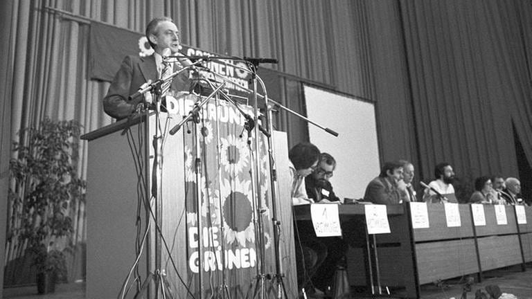 Herbert Gruhl am 12.1.1980 in Karlsruhe auf dem Gründungsparteitag der "Grünen"