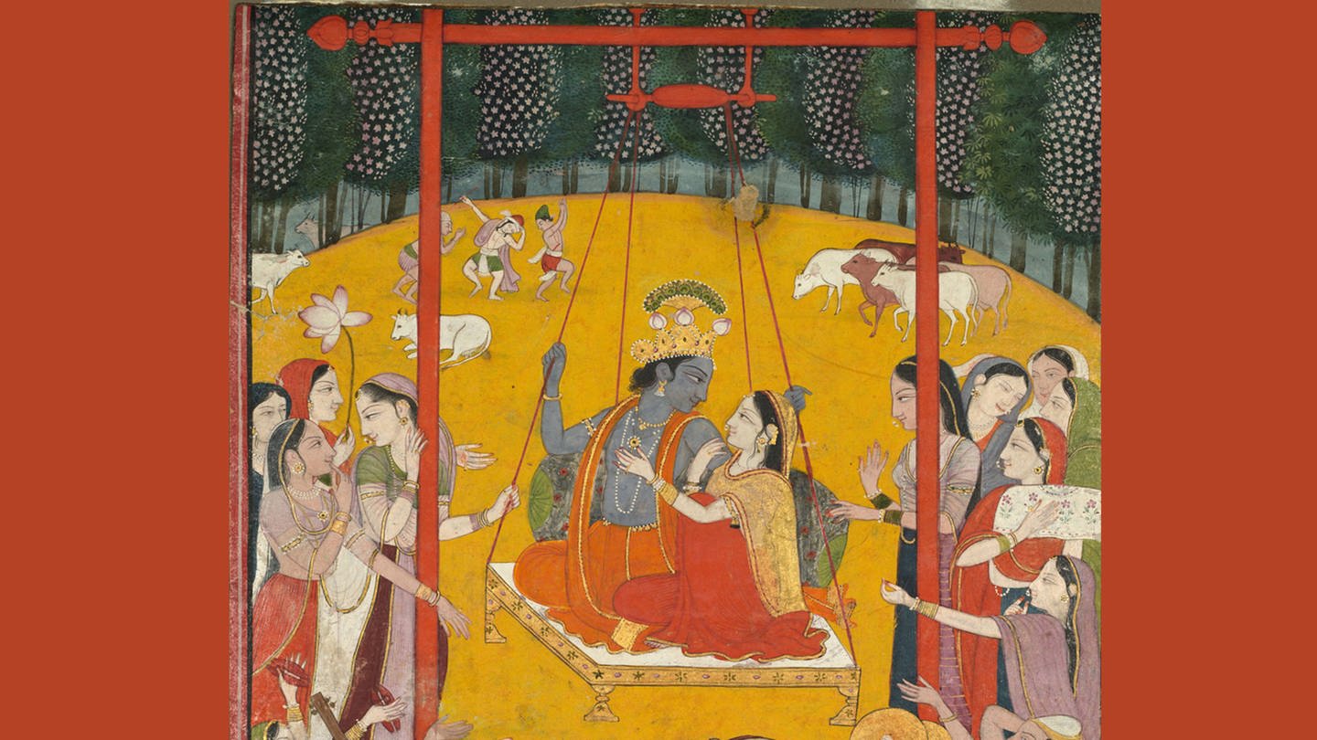 Hindola Raga, c. 1790 1800. Northern India, Himachal Pradesh, Pahari Kingdom of Kangra. Gum tempera and gold on paper; image: 20.5 x 15.3 cm (8 1/16 x 6 in.); with mat: 35.5 x 25.4 cm (14 x 10 in.). To celebrate the coming of spring, Krishna sits on a swing with his beloved Radha as their companions.