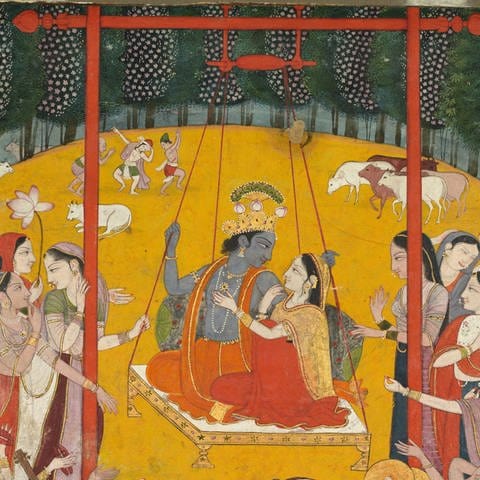 Hindola Raga, c. 1790 1800. Northern India, Himachal Pradesh, Pahari Kingdom of Kangra. Gum tempera and gold on paper; image: 20.5 x 15.3 cm (8 116 x 6 in.); with mat: 35.5 x 25.4 cm (14 x 10 in.). To celebrate the coming of spring, Krishna sits on a swing with his beloved Radha as their companions.