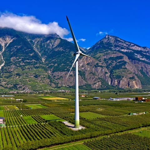Größte Windturbine der Schweiz inmitten von Obstplantagen im Rhone-Tal