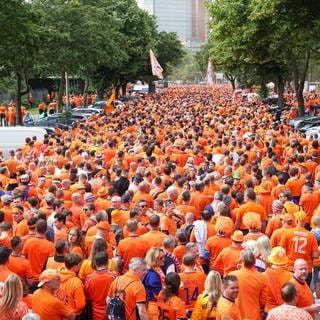 Niederländische Fans feiern bei einem Fanmarsch in Hamburg