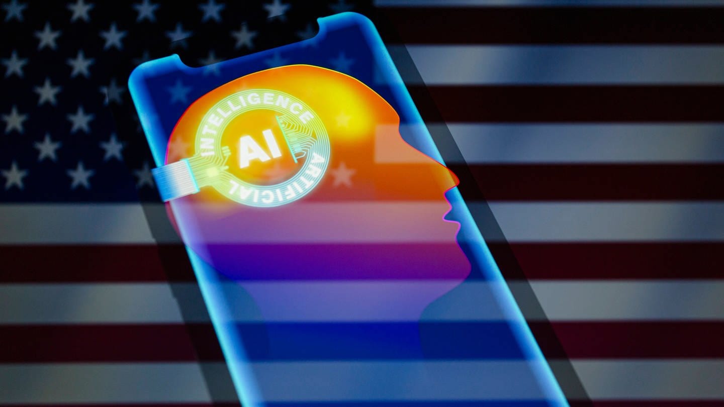 Die visuelle Darstellung künstlicher Intelligenz (KI) wird auf einem Smartphone vor dem Hintergrund der abgeschnittenen Flagge der Vereinigten Staaten angezeigt. (Symbolfoto)
