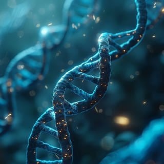 Blauer DNA-Strang rotiert mit leuchtenden Partikeln