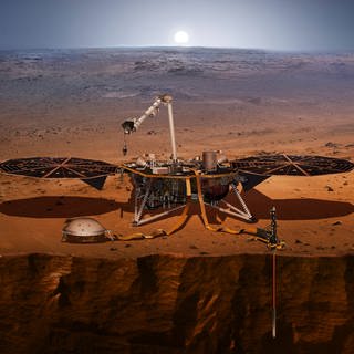 Künstlerisches Konzept des InSight-Landers, seiner Sensoren, Kameras und Instrumente. Seine drei Instrumente sind ein Seismometer, eine Wärmeflusssonde und ein radiowissenschaftliches Experiment. 