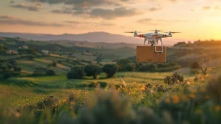 Eine Drohne fliegt mit einem Paket über eine ländliche Region: Drohnen werden vermutlich keine zentrale Rolle spielen, wenn es darum geht, die Alltagslogistik neu zu sortieren. Ein limitierender Faktor in der Drohnen-Logistik ist rein technisch bedingt: Während ein Güterzug locker 1.000 Tonnen Ladung bewegt und ein LKW bis zu 40 Tonnen, können selbst leistungsfähige Drohnen nur Ladung von ein paar Dutzend Kilogramm tragen. Deswegen transportierten sie aktuell vor allem medizinische Güter wie Medikamente oder Blutkonserven in schwer erreichbare Gebiete. 