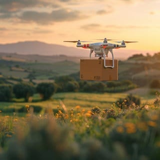 Eine Drohne fliegt mit einem Paket über eine ländliche Region: Drohnen werden vermutlich keine zentrale Rolle spielen, wenn es darum geht, die Alltagslogistik neu zu sortieren. Ein limitierender Faktor in der Drohnen-Logistik ist rein technisch bedingt: Während ein Güterzug locker 1.000 Tonnen Ladung bewegt und ein LKW bis zu 40 Tonnen, können selbst leistungsfähige Drohnen nur Ladung von ein paar Dutzend Kilogramm tragen. Deswegen transportierten sie aktuell vor allem medizinische Güter wie Medikamente oder Blutkonserven in schwer erreichbare Gebiete. 