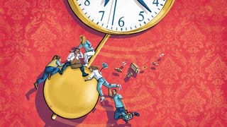 Menschen versuchen, sich am Pendel einer Uhr festzuhalten: Im Stress zu sein ist heutzutage fast Normalzustand. Dauerstress ist jedoch gesundheitsschädlich. Richtig dosiert motiviert er aber und hilft, Herausforderungen zu meistern. Und Coping-Strategien unterstützen, wenn es zu viel wird.