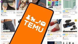 Temu-Logo auf einem Smartphone, dahinter die Website des Online-Händlers aus China