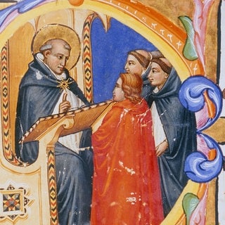 Thomas von Aquin (1225 - 1274), Dominikaner, Philosoph, Heiliger und Kirchenlehrer  Buchmalerei 14. Jh.,  Maestro dei Salteri (Meister der Psalter). Missale 559, fol.285. Florenz, Museo di San Marco.