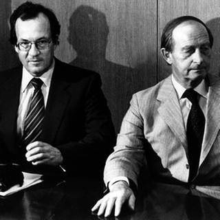 Stuttgarts Oberbürgermeister Manfred Rommel und der scheidende baden-württembergische Ministerpräsident Hans Filbinger am 16.8.1978