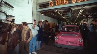 Das letzte Auto vom Typ "Trabant" rollt in den Sachsenring Automobilwerken in Zwickau am 30.4.1991vom Band