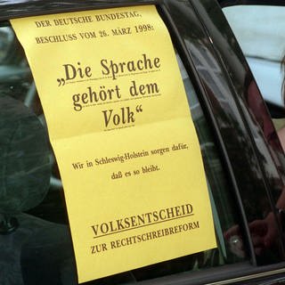 Stephanie Barrenberg begutachtet am 18. September 1998 das Plakat zum Volksentscheid der Rechtschreibreform. Die Gegner der Rechtschreibreform in Deutschland schauten am 27. September 1998 nach Schleswig-Holstein. Im nördlichsten Bundesland starteten sie den letzten Versuch, um das Einführen der neuen Schreibregeln noch zu verhindern.