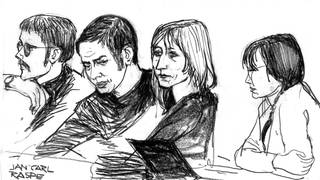 Die Bleistiftzeichnung eines Gerichtszeichners zeigt die angeklagten RAF-Mitglieder Jan-Carl Raspe, Andreas Baader, Gudrun Ensslin und Ulrike Meinhof im Gerichtssaal