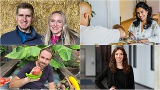 Ein Teil der aktuellen Talente vom SWR Talentnetzwerk. Zu sehen sind die Landwirte Schwenks, die Food-Bloggerin Shiba, der Selbstversorger Miguel und Lea, die Lifehacks gibt. 