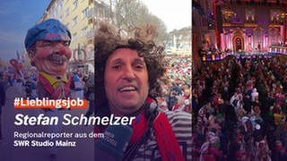 Regionalreporter Stefan Schmelzer mit Lockenperücke. Im Hintergrund Teilnehmer der Mainzer Fastnacht.