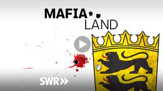 Über dem Wappen Baden-Württembergs steht "Mafia Land", in der Mitte ist ein rotes Eischussloch in den weißen Hintergrund zu sehen.