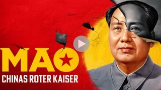 Keyvisual der Doku "Mao - Chinas roter Kaiser" ist eine Bildcollage zu mit Mao Zedong als Gemälde auf einer rot-gelben Wand, die bröckelt. Mit Playbutton.