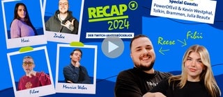 Collage der Beteiligten im ARD Look, Schrift Recap 2024, der Twitch-Jahresrückblick, Special Guests: PowerOfEvil, Kevin Westphal, Tolkin, Brammen, Julia Beautx. Mit Playbutton