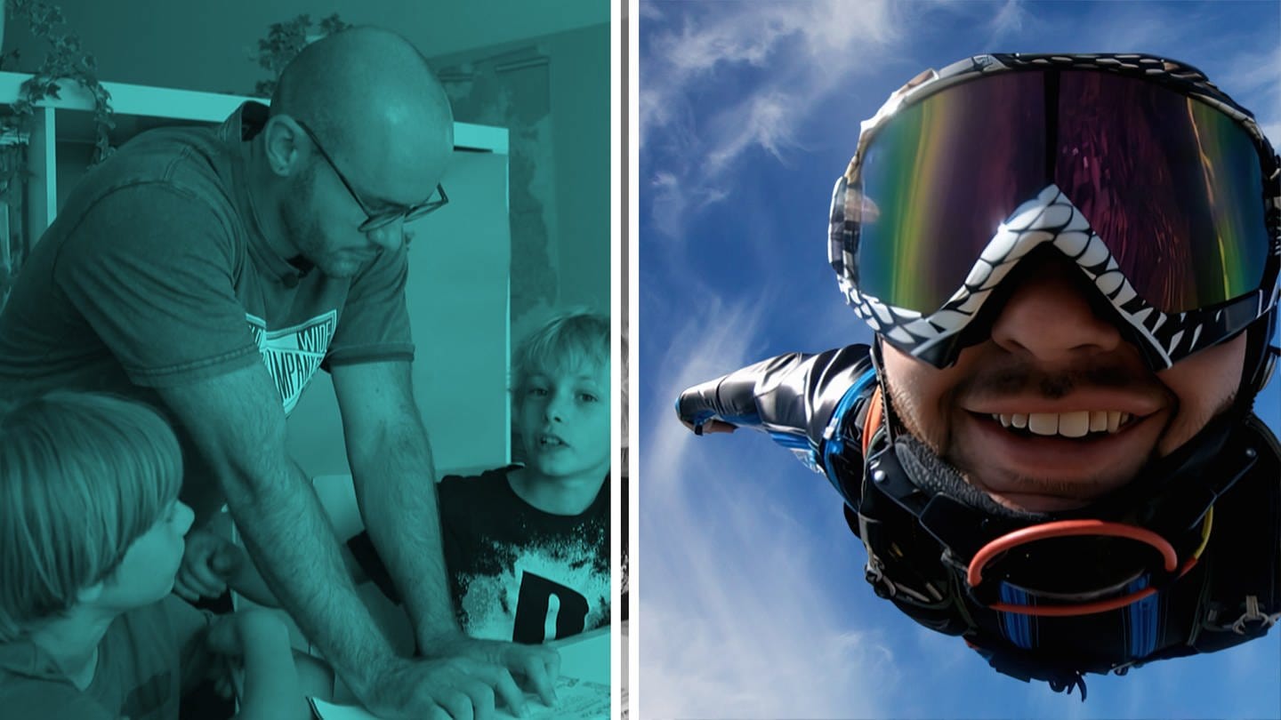 Hannes in seinem Beruf als Kindergärtner. Das linke Bild mit türkisfarbenem Filter zeigt ihn im Gespräch mit zwei Kindern. Seine Leidenschaft ist das Base-Jumping, das Foto rechts zeigt ihn beim Flug im Wing-Suit mit Helm und Brille.