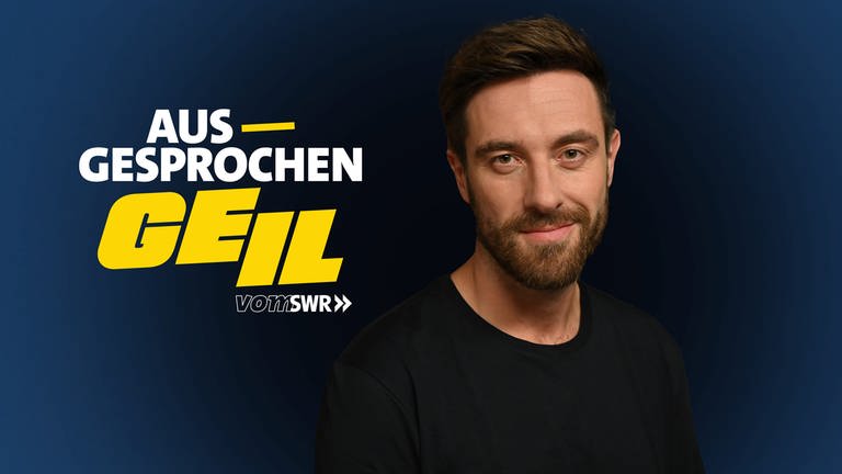 "Ausgesprocheb Geil"-Keyvisual mit Schriftzug auf der linken Bildseite und Porträt Frederik Fleig rechts.