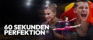 Das Keyvisual der Sport-Doku "60 Sekunden Perfektion" zeigt die Kunstturnerinnen Elisabeth Seitz und Pauline Schäfer-Betz sowie den Barren-Weltmeister Lukas Dauser (v.l.n.r.) © SWRImagoMinkus-Images