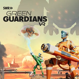 Keyvisual des Virtual Reality Experiments "GreenGuardiansVR" zeigt die Spieleroboter in einer virtuellen Welt, in die sich die Mitspielenden verwandeln.