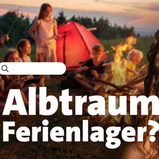 Keyvisual der „Vollbild“-Doku „Albtraum Ferienlager – Wie gefährlich sind Kinder und Jugendreisen?" zeigt die Vollbild-Reporterin im Vordergrund, im Hintergrund Kinder am Lagerfeuer vor einem roten Zelt