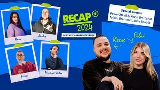 Collage der Beteiligten im ARD Look, Schrift Recap 2024, der Twitch-Jahresrückblick, Special Guests: PowerOfEvil, Kevin Westphal, Tolkin, Brammen, Julia Beautx