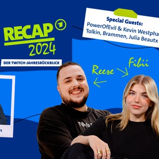 Collage der Beteiligten im ARD Look, Schrift Recap 2024, der Twitch-Jahresrückblick, Special Guests: PowerOfEvil, Kevin Westphal, Tolkin, Brammen, Julia Beautx