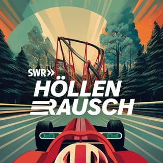 Keyvisual des Podcasts "Höllenrausch - der große Traum vom Nürburgring" ist eine Zeichnung mit Formal-1-Rennwagen und im Hintergrund die Achterbahn