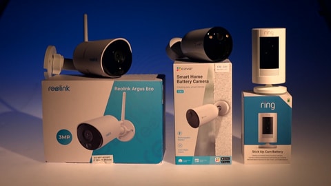 Von links nach rechts, stehen die Produkte für den Außenbereich: Die Reolink Argus Eco für 69,99 Euro, die EZVIZ CB3 für 79,99 Euro und die Outdoor Camera Battery der Amazon-Tochter Ring für knapp 100 Euro. 